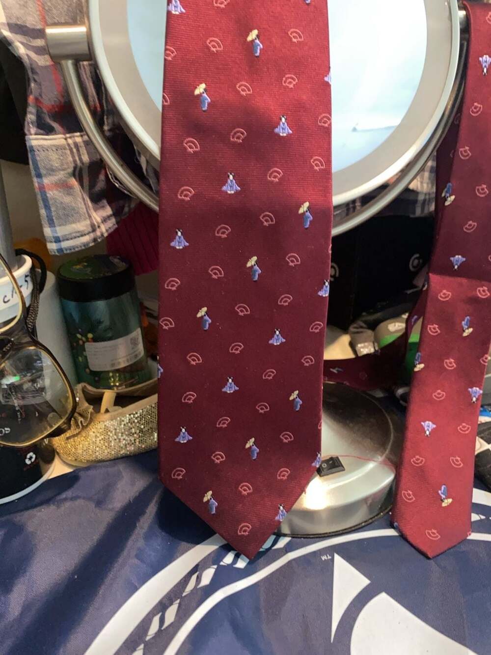 Salvatore Ferragamo Burgundy Silk Tie with Japanese Geisha and Fan Print